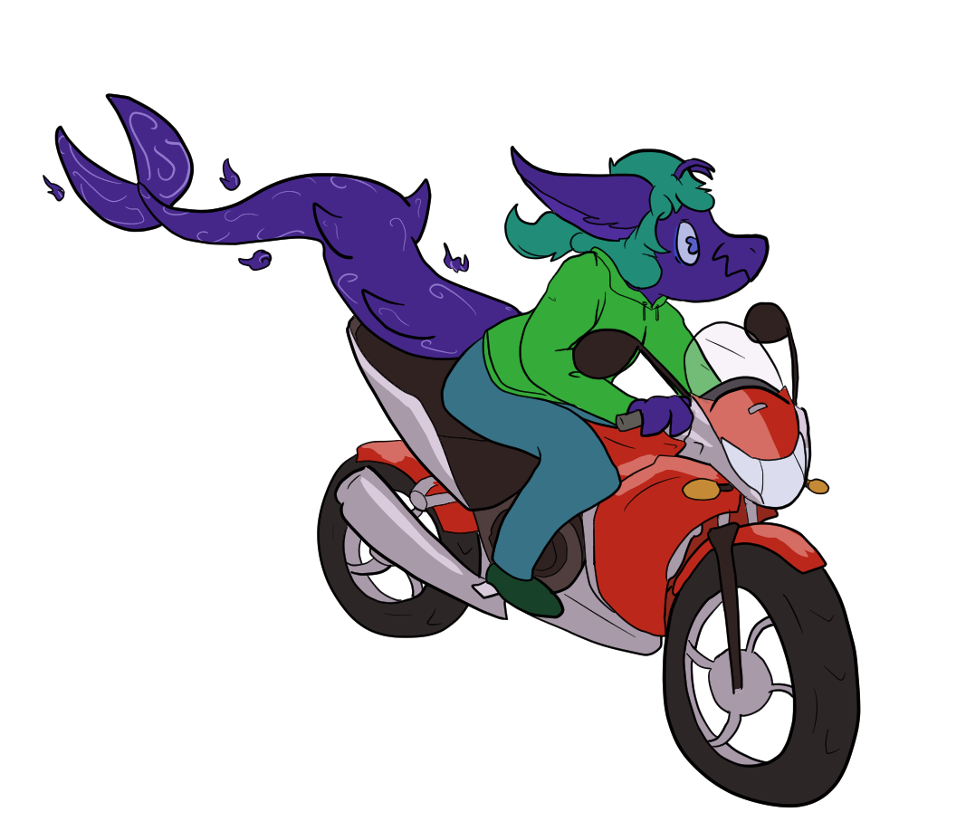 my avatar, turned in to a shark for Shark Week, riding a motorcycle. drawn by heatherhorns &3