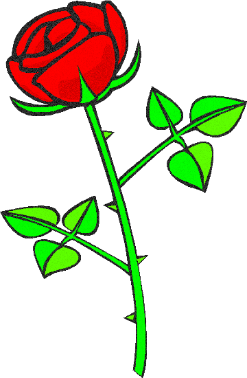 a red rose with a few leaves and green thorns